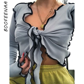 BOOFEENAA Papion Adânc V cu Maneci Lungi Cardigan Culturilor Topuri pentru Femei 2020 Toamna-Iarna Moda Sexy Femeie Tricouri C15-BC16