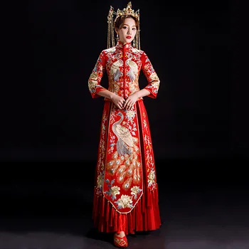 Șampanie Mireasa Stil Chinezesc Cheongsam Tradiționale Lung Qipao Broderie Rochie de Seara femeii se căsătorească cu Haine XS - 6XXL