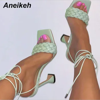 Aneikeh Gladiator Roma PU pantofi cu Toc Sandale Partid Solid Elastic Glezna Curea de Deget de la picior Pătrat de Caise Dimensiune 35-41 de Moda Populare