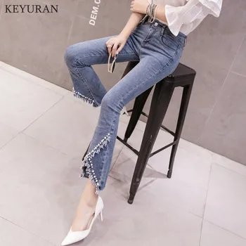 Plus Dimensiune Bordurare Jeans Pentru Femei Ciucure Margele Talie Înaltă Elastic Slim Denim Pantaloni Lungime De Glezna Femme Pantaloni Prietenul L3201