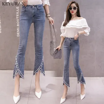 Plus Dimensiune Bordurare Jeans Pentru Femei Ciucure Margele Talie Înaltă Elastic Slim Denim Pantaloni Lungime De Glezna Femme Pantaloni Prietenul L3201