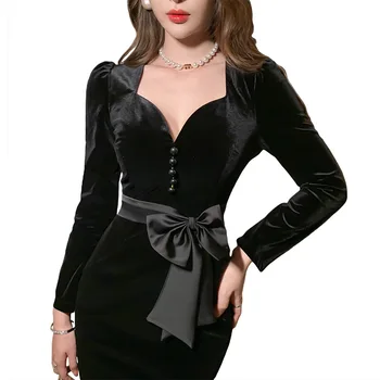 Catifea retro Hepburn stil temperament rochie neagră de Iarnă Poliester Teaca Fermoare la Genunchi-Lungime
