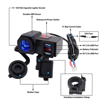 Aileap Motocicleta Bricheta Dual Porturi USB Adaptor Încărcător de Telefon cu Baterie, Voltmetru și Comutatorul de Alimentare