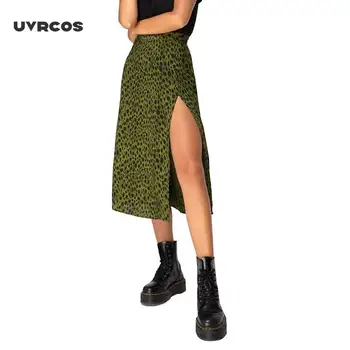 UVRCOS Femei Summer Split Leopard Fuste 2020 Verde de Moda Fusta Lunga Femei Sexy Streetwear Vrac Doamna Haine Negre la Mijlocul Gambei S