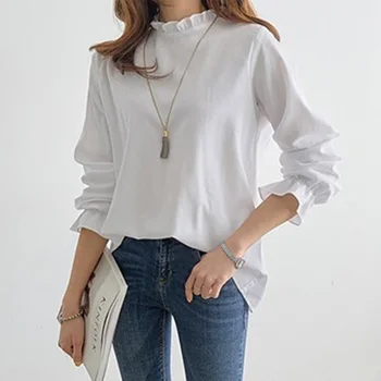2020 Maneca Lunga Simplu Stand Guler Alb Femei Top Bluza Tânără Fată Dulce Dating Japonia Moda tricou Casual de Primavara Toamna