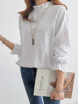 2020 Maneca Lunga Simplu Stand Guler Alb Femei Top Bluza Tânără Fată Dulce Dating Japonia Moda tricou Casual de Primavara Toamna