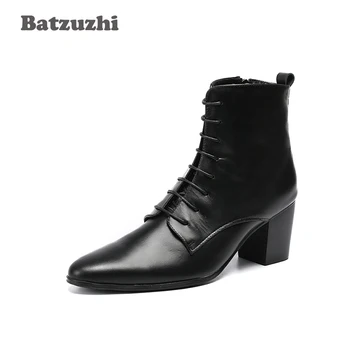 Batzuzhi Cizme de Cowboy Barbati Tocuri inalte 6.8 cm Negru Moale din Piele Glezna Cizme Toc Gros Pantofi pentru Bărbați Zapatos Hombre Lace Up Boots