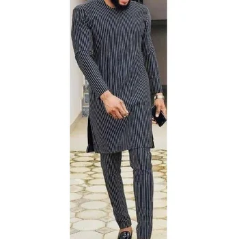 Africa de Moda Dungi Alb-Negru Denim pentru Bărbați Pantaloni Stabilește O-neck Top Și Pantaloni Senatorul Stil pentru Bărbați Costume Dashiki Purta