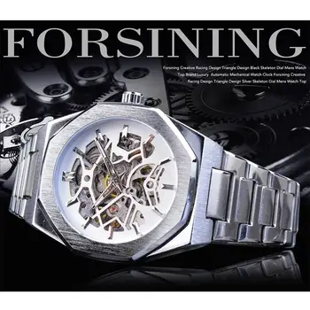 Forsining Skeleton Mecanic Automatic Mens Ceasuri Impermeabil Mâinile Luminos De Afaceri Ceas De Argint Din Oțel Inoxidabil Ceas