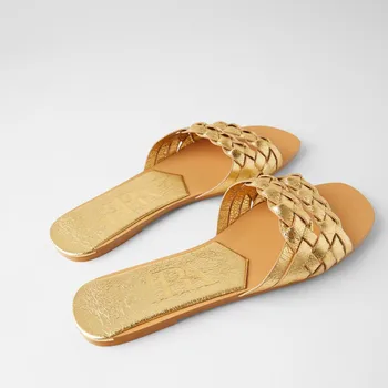 SOUTHLAND de Aur Țesute Papuci Femei de Vară 2020 Tocuri Plat Plaja Casual Tobogane de Pantofi de Femeie în aer liber Sandale Flip Flops Muter