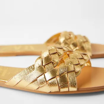 SOUTHLAND de Aur Țesute Papuci Femei de Vară 2020 Tocuri Plat Plaja Casual Tobogane de Pantofi de Femeie în aer liber Sandale Flip Flops Muter