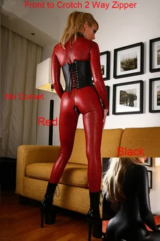 Femei Negru Red Hot Faux din Piele Latex Catsuit Clubwear Sexy Salopeta Cu Fermoar pentru Picioare de Sex Fetish Sclavie Cablajului Costume