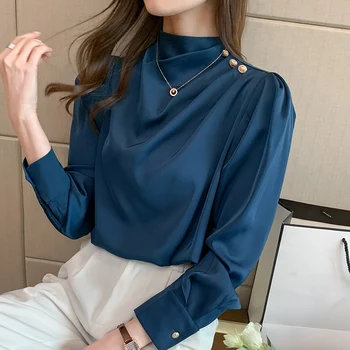 Elegant Satin Rosu Tricouri Top de sex Feminin Puff Maneca Lunga-Temperament Femei Bluze si Topuri de Moda Stand Guler Bluza
