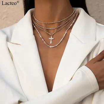 Lacteo Moda Stras Formă de Cruce Pandantiv Colier Declarație Multi Strat Clavicula Lanț Cravată Colier Bijuterii pentru Femei