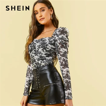 SHEIN Gigot Sleeve Ruched Floral Mesh Top Femei de Primăvară Cutată Dragă Gât Subțire, Echipate Elegante, Topuri si Bluze