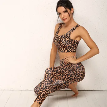 SALSPOR Yoga 2 Bucata Set pentru Femei Leopard rezistent la Șocuri Sutiene Mare Elastic Talie Jambiere de Fitness Rulează Joggings Athletict Trening