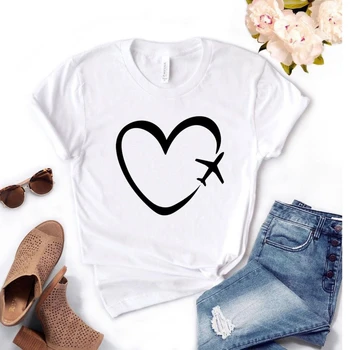 2020 Noua moda de primăvară sosirea Călătorie avion inima dragoste de Imprimare tricou Femei din Bumbac Casual Amuzant tricou Cadou Fata de Top Tee L962