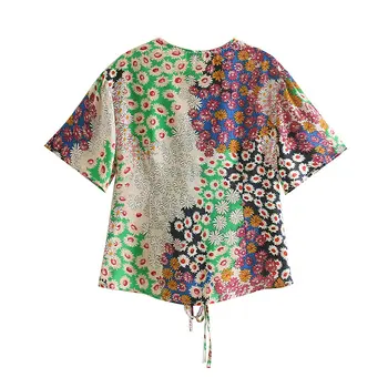 Vara epocă femei topuri si bluze cu maneci scurte de floarea-soarelui floral bluza femei tricouri tie front top casual femei topuri