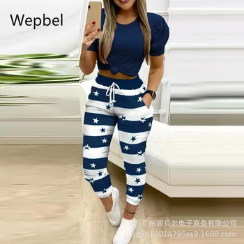 WEPBEL Moda Femei Seturi Maneci Scurte Topuri Tricouri Înaltă Talie Pantaloni Seturi 2 Seturi de Piese Utilaje Panglică de Cusut Pantaloni Sport