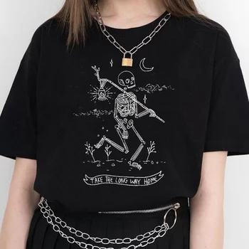 Sunfiz HJN Femei Schelet de T-Shirt Iei pe Drumul mai Lung Scrisoare de Imprimare de Top Tumblr Grunge Estetice Negru Tee Hipster