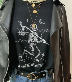 Sunfiz HJN Femei Schelet de T-Shirt Iei pe Drumul mai Lung Scrisoare de Imprimare de Top Tumblr Grunge Estetice Negru Tee Hipster