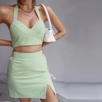 Lusofie Moda High Street Femei din Două piese set Agățat Gâtului V-gât Sexy avocado Verde Fusta Mini Set Vestă fără Mâneci Split
