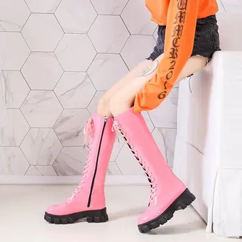 Platforma de moda genunchi cizme femei cu cruce dantele platforma pu Genunchi Ridicat Cizme Femei Retro Punk Papuceii Mujer 2020