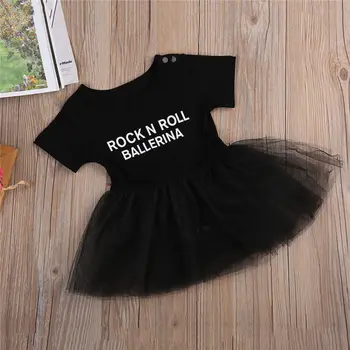 Minunat Copil Nou-născut Fete Tul Rochie de Balet Negru Scrisoare de Vara cu Maneci Scurte Costum Fată Rochii Body Tinutele 1buc Set