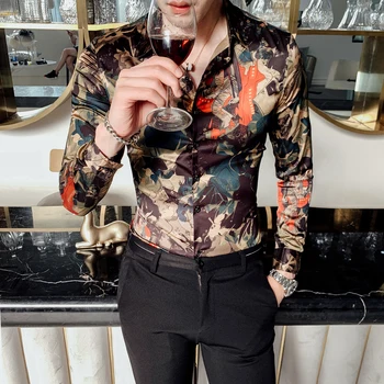 Stil Britanic Tricou Barbati Floare Tricou Tricouri Casual Slim Fit Dress Shirt De Moda 2019 Toamna Cu Maneca Lunga Print Digital Bărbați