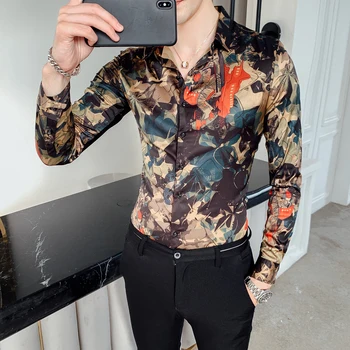 Stil Britanic Tricou Barbati Floare Tricou Tricouri Casual Slim Fit Dress Shirt De Moda 2019 Toamna Cu Maneca Lunga Print Digital Bărbați