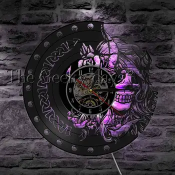 Misterios Nordici Magick Disc De Vinil De Perete Ceas De Frumusete De Sex Feminin Viking Cap De Craniu Schelet Frumos Fete Retro Ceas De Perete De Lumină
