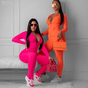 Noi neon roz portocaliu set de doua bucati de femei de fitness sport 2020 toamna cu maneci lungi skinny topuri elastic jambiere, trening
