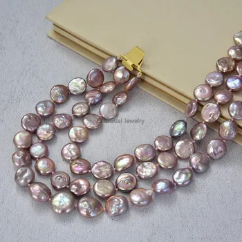 GG Bijuterii 13mm 3Strands Naturale Violet Monedă Colier de Perle