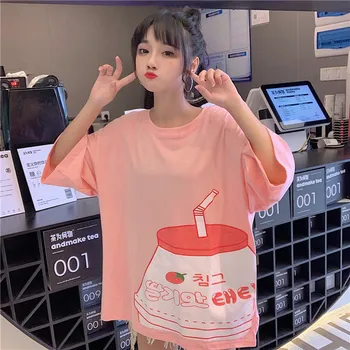 Japoneze Kawaii Capsuni Lapte de Imprimare T-shirt Femei Vara Supradimensionate Liber Maneci Scurte Tee Harajuku Dulce Scolarita Drăguț Topuri