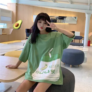 Japoneze Kawaii Capsuni Lapte de Imprimare T-shirt Femei Vara Supradimensionate Liber Maneci Scurte Tee Harajuku Dulce Scolarita Drăguț Topuri