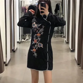 PSEEWE Jacquard Rochie Neagra Brodata Femei 2020 Za Maneci Lungi Elegante, Rochii Mini Femeie Chineză Stil de Rochie de Epocă Florale