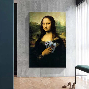 Amuzant Mona Lisa Deține Cărți de Joc Panza Pictura Postere si Printuri de Arta de Perete de Imagine pentru Camera de zi de Decorare Acasă Cuadro