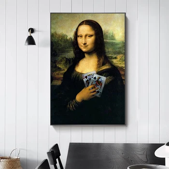 Amuzant Mona Lisa Deține Cărți de Joc Panza Pictura Postere si Printuri de Arta de Perete de Imagine pentru Camera de zi de Decorare Acasă Cuadro