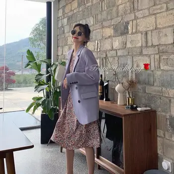 Bella Filosofie Coreeană De Moda Chic Sacou Casual Pentru Femei Sacou Feminin Violet Buzunare Haina Vintage Dintata Birou Doamnă Outwears