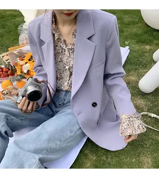 Bella Filosofie Coreeană De Moda Chic Sacou Casual Pentru Femei Sacou Feminin Violet Buzunare Haina Vintage Dintata Birou Doamnă Outwears