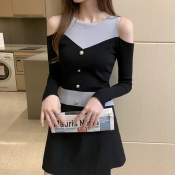 Coreeană Pulover Femei Pulover 2020 Toamna anului Nou off-Umăr de Culoare de Potrivire Butonul Sexy cu Mâneci Lungi Slim Pulover Tricotate 680G