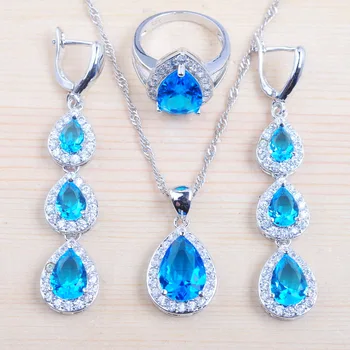 Cadou uimitor Albastru de Cristal de culoare argintie costum set de bijuterii pentru femei brățară pandantiv colier cercei set inel femei QS0182