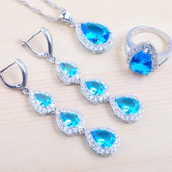 Cadou uimitor Albastru de Cristal de culoare argintie costum set de bijuterii pentru femei brățară pandantiv colier cercei set inel femei QS0182