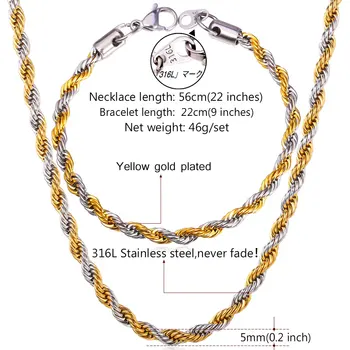 U7 Două Tone de Aur de Culoare Lanț de Frânghie Colier Set de Bijuterii en-Gros 316L din Oțel Inoxidabil Brățară Colier pentru Bărbați Bijuterii Set S672
