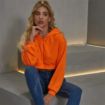 CNYISHE Iarna Streetwear Maneca Lunga cu Gluga Hoodies Femei Casual Moda Trunchiate Pulovere Topuri Neon Orange Fermoare Hoody Femei