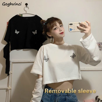 Tricouri Femei Culturilor Sus Detașabil cu Maneci Lungi Imprimate Vrac de Vară de Moda Harajuku Stil coreean de sex Feminin Femei Streetwear Topuri