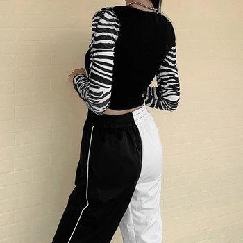 E-Fata Y2k Topuri Tricouri Zebra Print Mozaic Lung Mâneci Gotic Epocă Harajuku Estetice Crop-Tops Streetwear Haine De Toamna