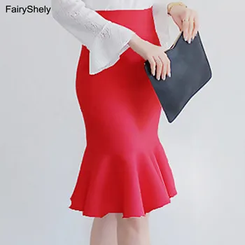 FairyShely 2020 Negru Lungime Genunchi Zburli Fusta Office Femei Toamna Talie Mare Sirenă Fusta Mini Sexy Lady Red Munca De Scurtă Fusta
