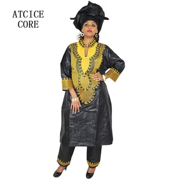 African bazin brodate design rochie top cu pantaloni si esarfa trei pc-uri un set