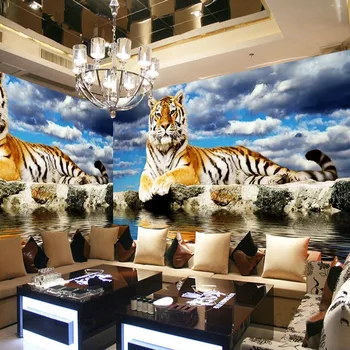 Personalizat Tapet Mural Stereo 3D Realiste Tigru Cer Albastru Și Nori Albi Pictura pe Perete Camera de zi Dormitor Desene animate gazete de Perete